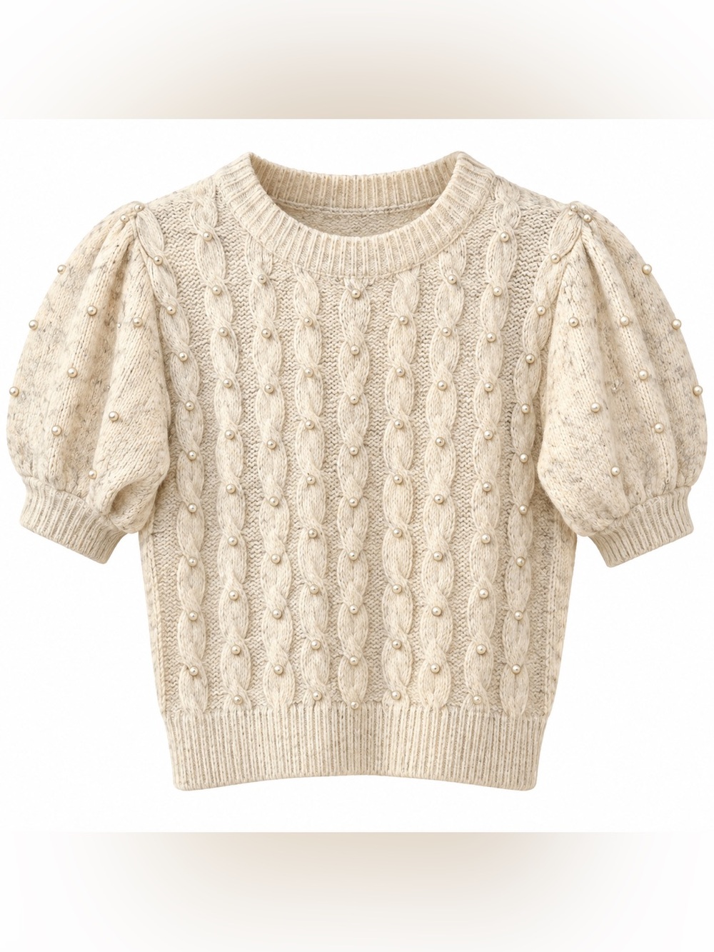 She + Sky Cream Cable Knit Short Puff Sleeve Sweater with Pearl Accents